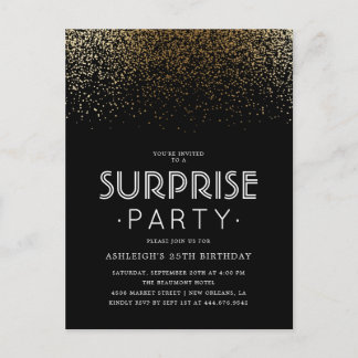 Elegantes Gold Confetti & Black Surprise Party Einladungspostkarte