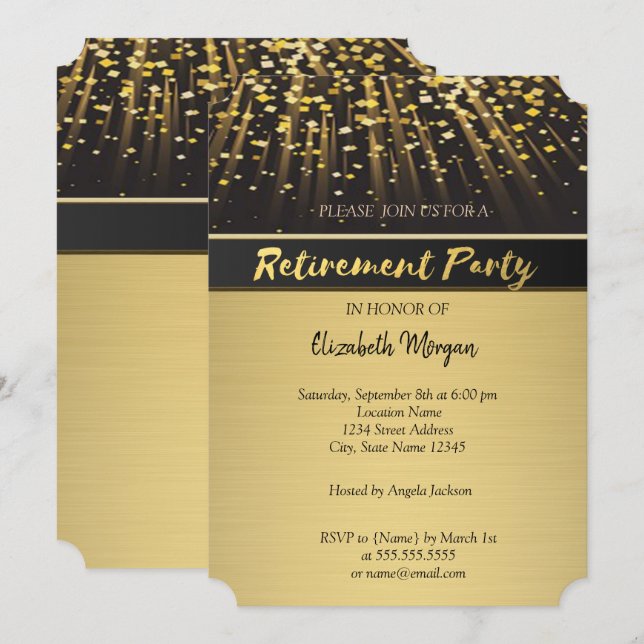 Elegantes Gold Confetti Retirement Party Einladung (Vorne/Hinten)