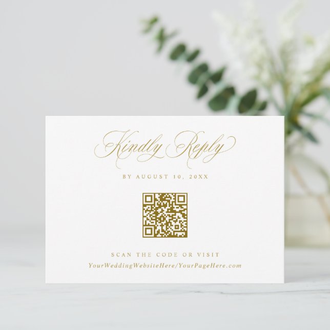 Elegantes Gold-Crest-Logo-Hochzeits-QR-Code RSVP Karte (Stehend Vorderseite)