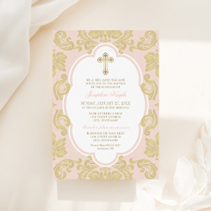 Elegantes Gold Cross Blush Damask Baby Girl Baptis Einladung