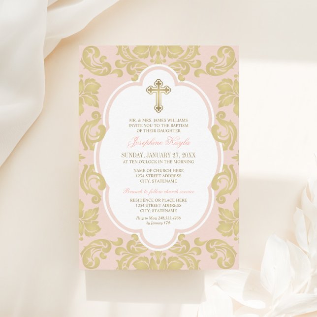 Elegantes Gold Cross Blush Damask Baby Girl Baptis Einladung (Von Creator hochgeladen)