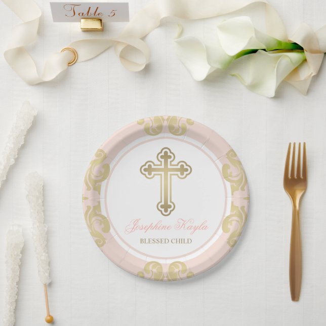Elegantes Gold Cross Blush Damask Baby Girl Baptis Pappteller (Hochzeit)