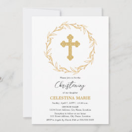 Elegantes Gold Cross Christening Einladung