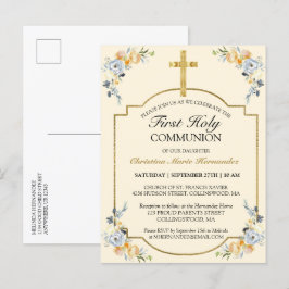 Elegantes Gold Cross Floral 1. Heiliger Kommunion Einladungspostkarte