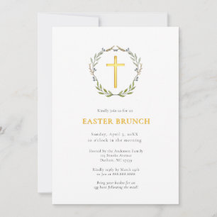 Elegantes Gold Cross & Kranz Osterbrunch Einladung