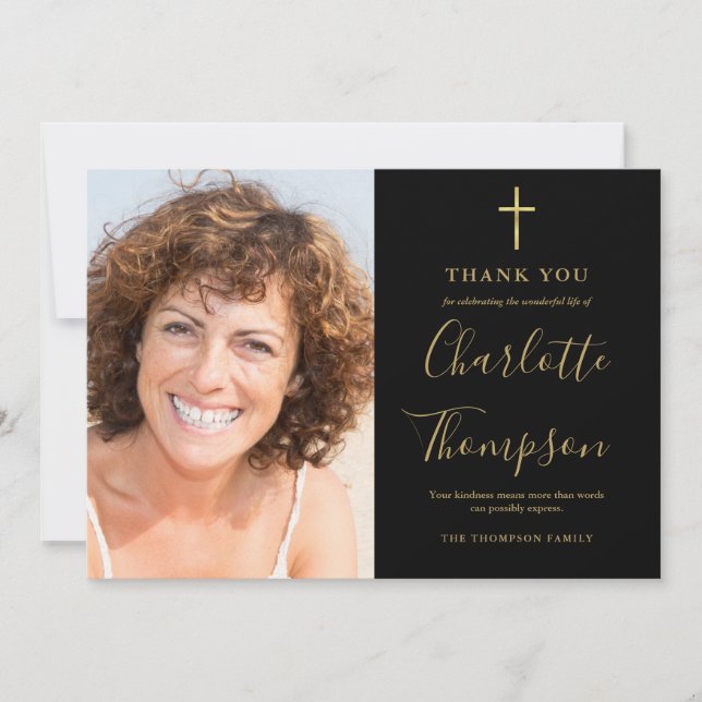 Elegantes Gold-Cross-Memorial-Beerdigung-Foto Dankeskarte (Vorderseite)