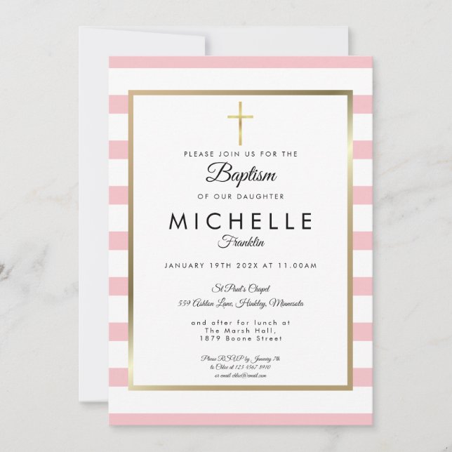 Elegantes Gold Cross Pink Stripe Taufe Christening Einladung (Vorderseite)
