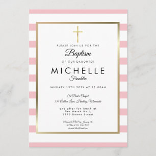Elegantes Gold Cross Pink Stripe Taufen Christenin Einladung