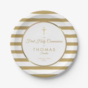 Elegantes Gold Cross Stripe Erste Heilige Kommune Pappteller