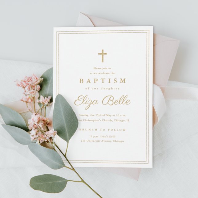 Elegantes Gold Cross Taufen & Christening Einladung (Von Creator hochgeladen)