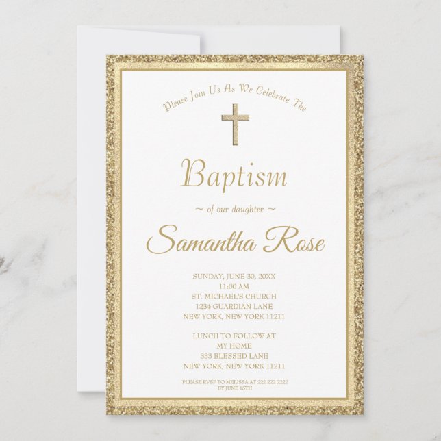 Elegantes Gold Cross Taufen Geschlecht neutral Einladung (Vorderseite)