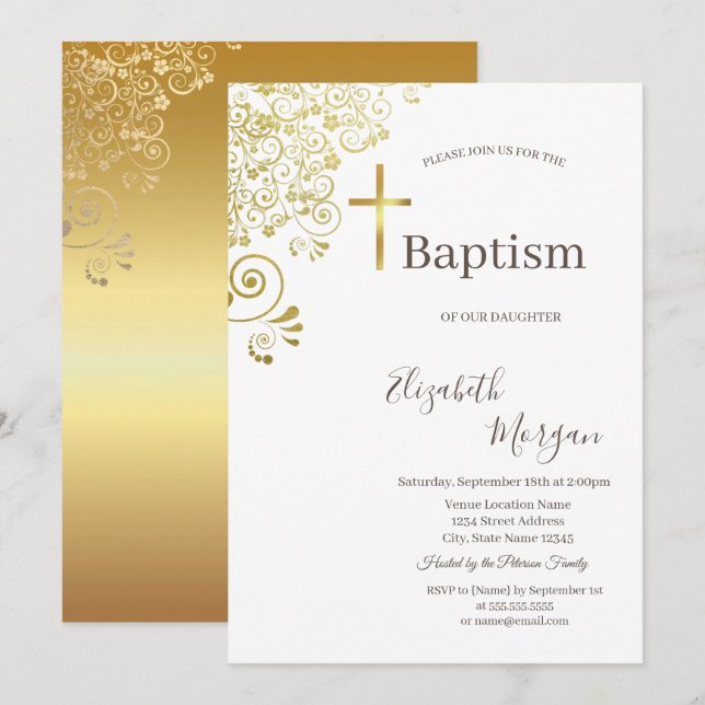 Elegantes Gold Cross Taufen Gold Blues Spitze Einladung (Vorne/Hinten)