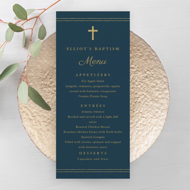 Elegantes Gold Cross Taufen Menü Programm (Elegant gold cross navy blue boys baptism menu.)