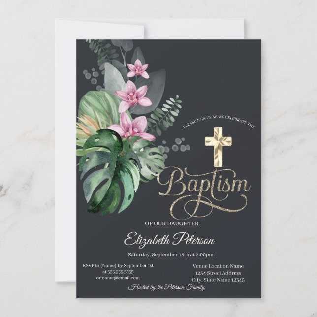 Elegantes Gold Cross Tropical Blume Dunkle Taufe Einladung (Vorderseite)