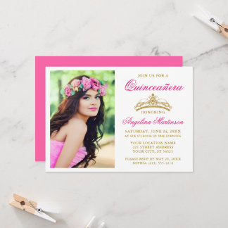 Elegantes Gold Crown Foto Hot Pink Quinceanera Einladung