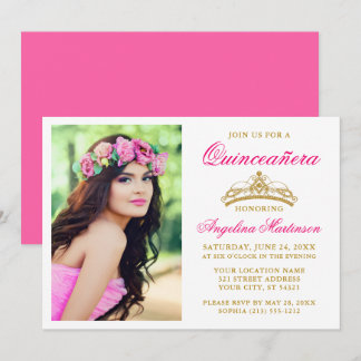 Elegantes Gold Crown Foto Hot Pink Quinceanera Einladung