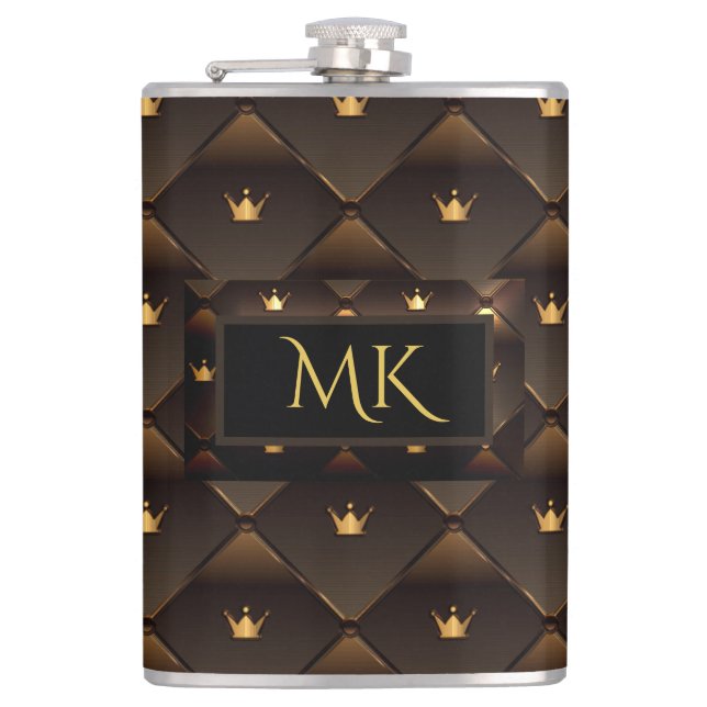 Elegantes Gold Crown Imitats Brown Leather Monogra Flachmann (Vorderseite)