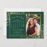Elegantes Gold Curls Emerald Calendar Foto Hochzei