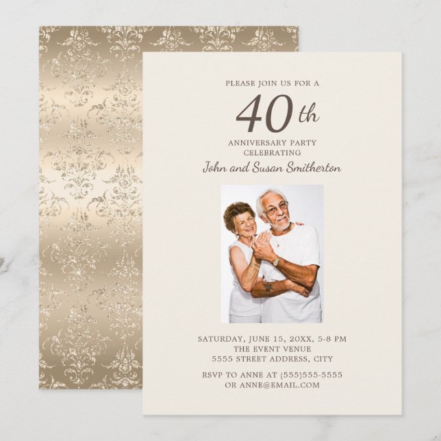 Elegantes Gold Damask 40-Jubiläum-Foto Einladung (Vorne/Hinten)