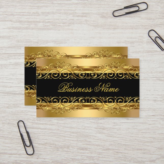Elegantes Gold Damask Blumenüberlagerung Visitenkarte (Vorderseite/Rückseite Beispiel)
