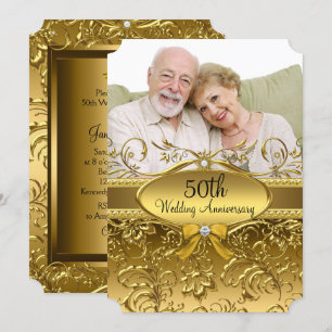 Elegantes Gold Damask Foto 50 Jahre Jubiläum Einladung