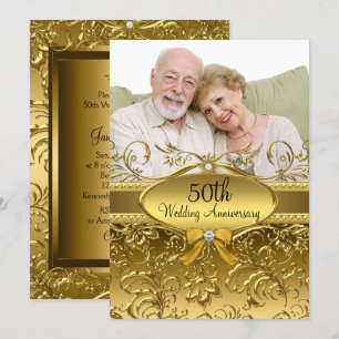 Elegantes Gold Damask Foto 50 Jahre Jubiläum Einladung