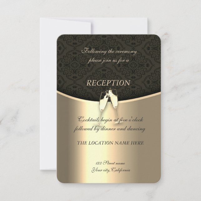 Elegantes Gold, Damaske, Glass Wein Hochzeitsempfa Einladung (Vorderseite)