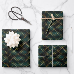 Elegantes Gold & Dark Green Tartan Karierte Weihna Geschenkpapier Set