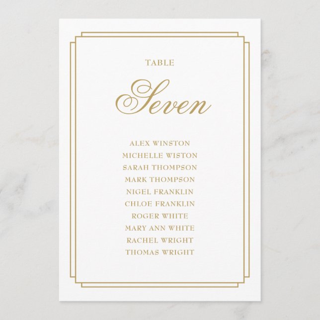 Elegantes Gold Deko Tischnummer Seating Chart (Vorderseite)