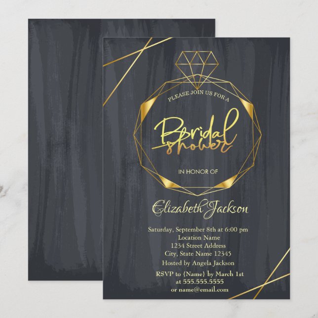 Elegantes Gold Diamond Black Brautparty Einladung (Vorne/Hinten)