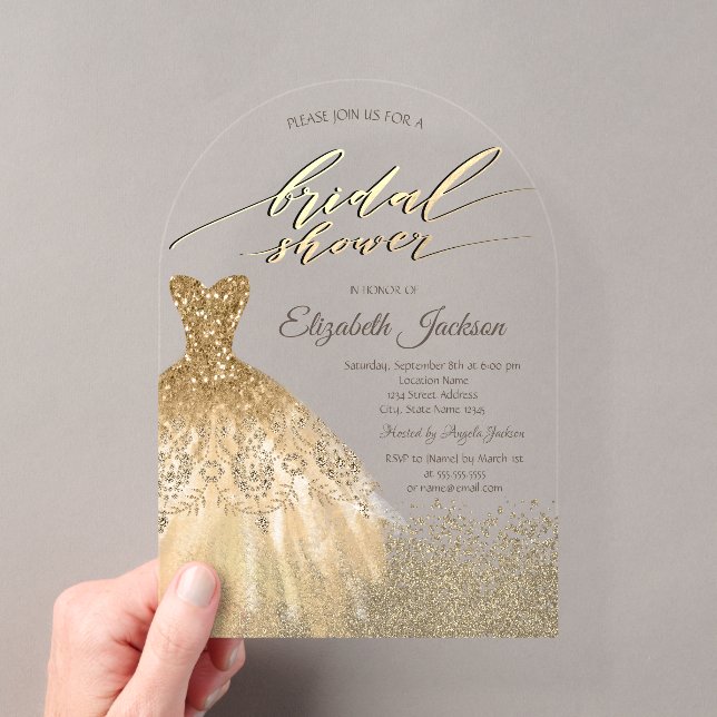 Elegantes Gold Diamonds Dress Brautparty Acryleinladungen (Insitu (Handheld))