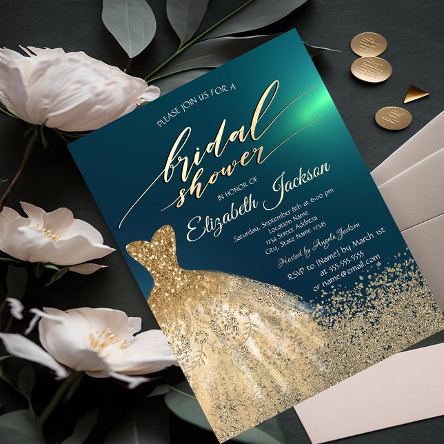 Elegantes Gold Diamonds Dress Green Brautparty Einladung (Von Creator hochgeladen)