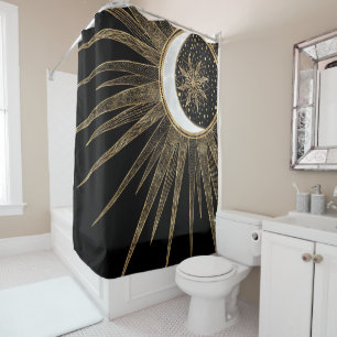 Elegantes Gold Doodles Sonnenmond Mandala Schwarze Duschvorhang