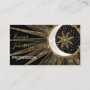 Elegantes Gold Doodles Sonnenmond Mandala Schwarze Visitenkarte