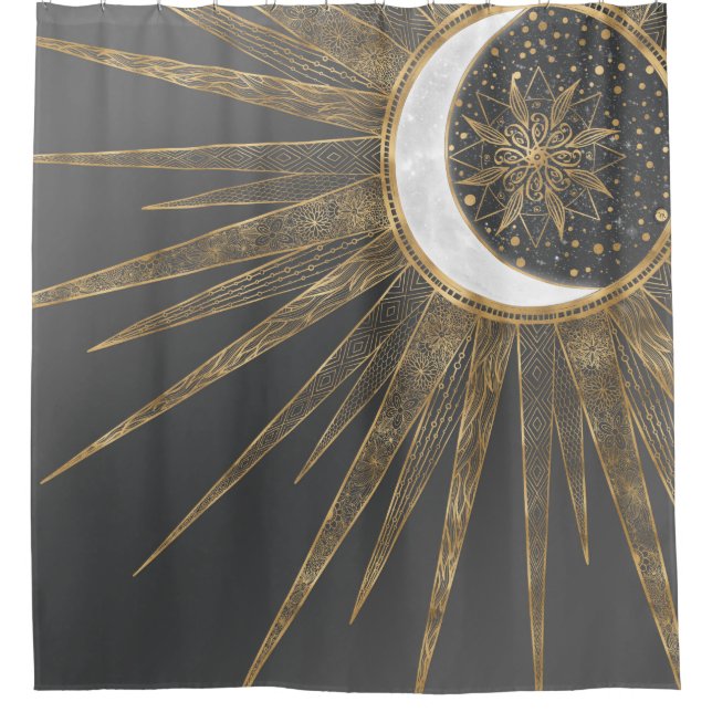Elegantes Gold Doodles Sun Moon Mandala Design Duschvorhang (Vorderseite)