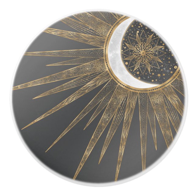 Elegantes Gold Doodles Sun Moon Mandala Design Keramikknauf (Vorderseite)