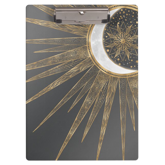 Elegantes Gold Doodles Sun Moon Mandala Design Klemmbrett (Vorderseite)