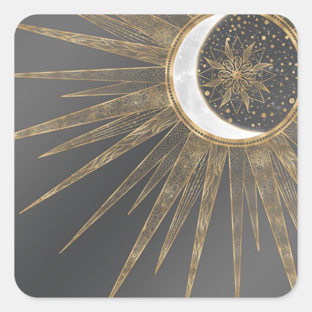 Elegantes Gold Doodles Sun Moon Mandala Design Quadratischer Aufkleber (Vorderseite)