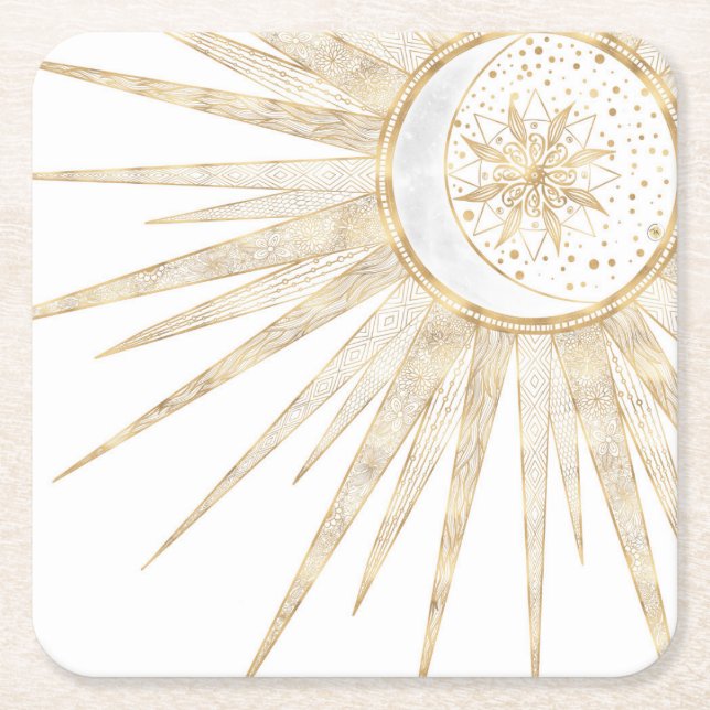 Elegantes Gold Doodles Sun Moon Mandala Design Rechteckiger Pappuntersetzer (Vorderseite)