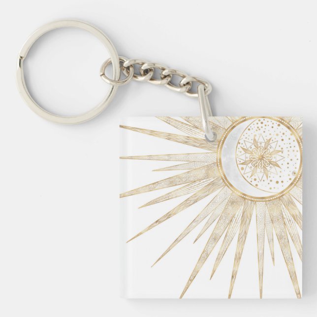 Elegantes Gold Doodles Sun Moon Mandala Design Schlüsselanhänger (Vorderseite)