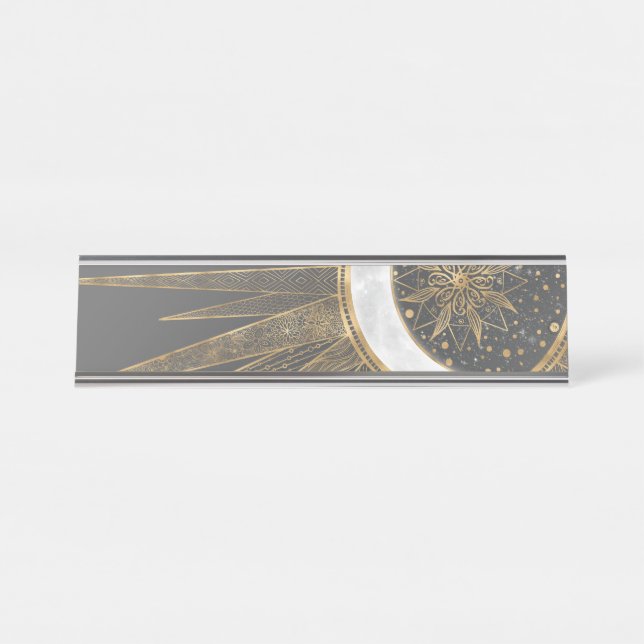 Elegantes Gold Doodles Sun Moon Mandala Design Schreibtischnamensplakette (Vorderseite )