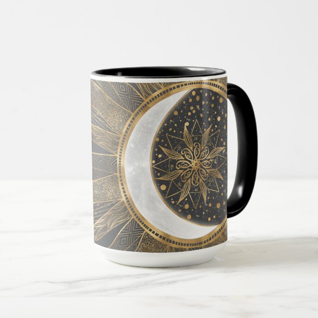 Elegantes Gold Doodles Sun Moon Mandala Design Tasse (VorderseiteRechts)