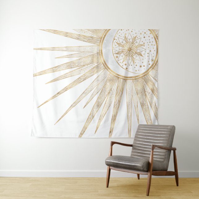 Elegantes Gold Doodles Sun Moon Mandala Design Wandteppich (Beispiel (Horizontal))