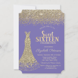 Elegantes Gold Dress Diamonds Lavander Sweet 16 Einladung