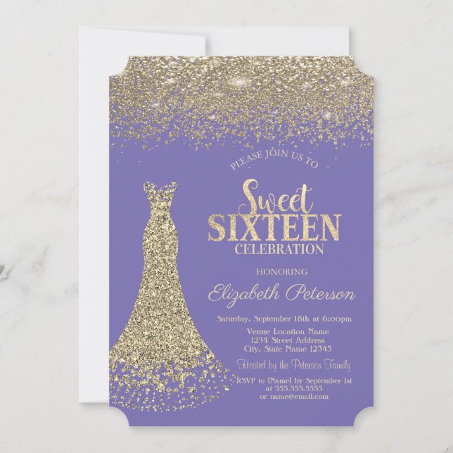 Elegantes Gold Dress Diamonds Lavander Sweet 16 Einladung (Vorderseite)