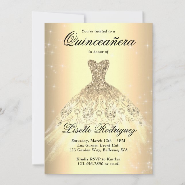 Elegantes Gold Dress Quinceanera Einladung (Vorderseite)