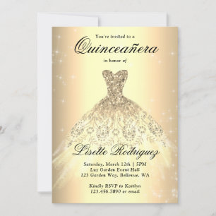 Elegantes Gold Dress Quinceanera Einladung