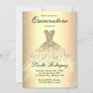 Elegantes Gold Dress Quinceanera Einladung