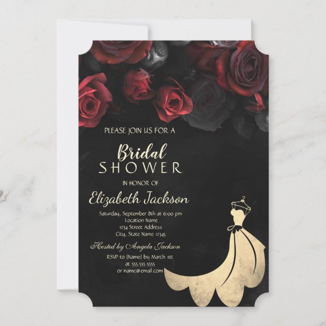 Elegantes Gold Dress Rote Rosen Schwarzes Brautpar Einladung (Vorderseite)