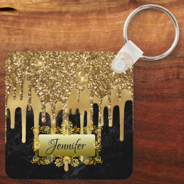 Elegantes Gold Dripping Personalisiertes Skriptges Schlüsselanhänger (Rückseite)